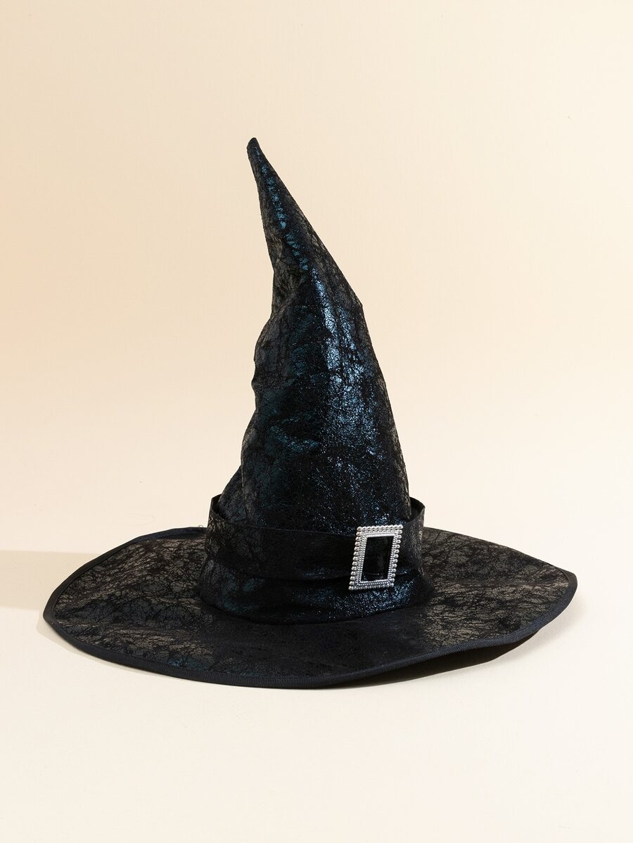 1pc Ladies' Black & Silver Square Buckle Decorated Pointed Wizard Hat