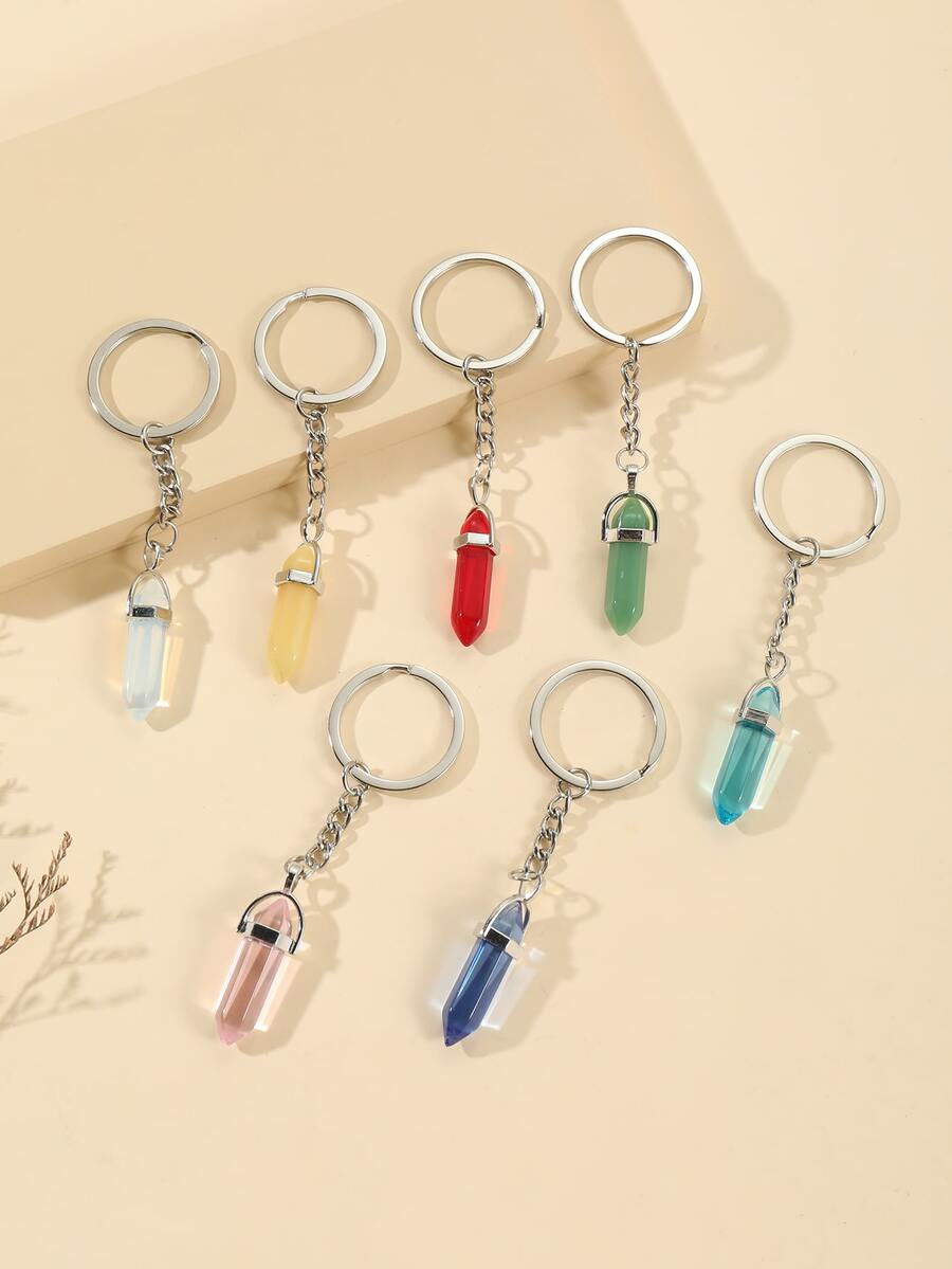 7pcs/set Crystal Or Gemstone Carved Column Keychain For Students - Multicolor - View 1