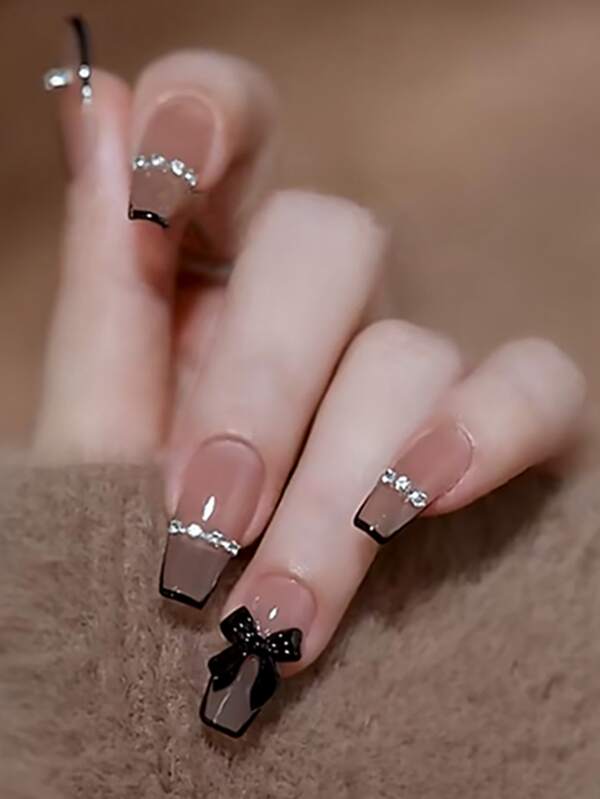 somoving 24 Pieces Of Long Manicure Coffin-Shaped Long Nails Black French Bow Rhinestone Chain Decorated False Nails Suitable For Parties And Dances, Daily Wear, With 1 Piece Of Jelly Glue And 1 Nail File, Nail Set To Release The Charm Of Your Fingertips Press On Nails Nail Supplies Nails