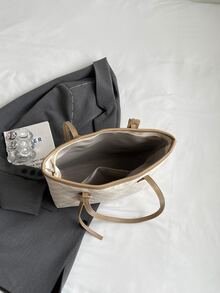 Large Capacity Fashionable Contrast Edge Tote Bag With Alphabet Letter Decoration And Pendant - Khaki - View 5