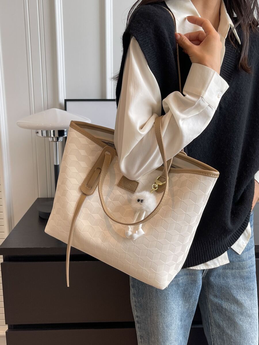 Large Capacity Fashionable Contrast Edge Tote Bag With Alphabet Letter Decoration And Pendant - Khaki - View 1