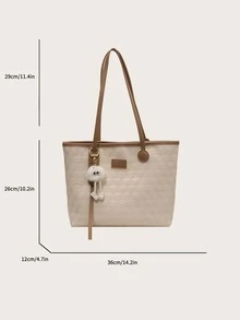 Large Capacity Fashionable Contrast Edge Tote Bag With Alphabet Letter Decoration And Pendant - Khaki - View 7