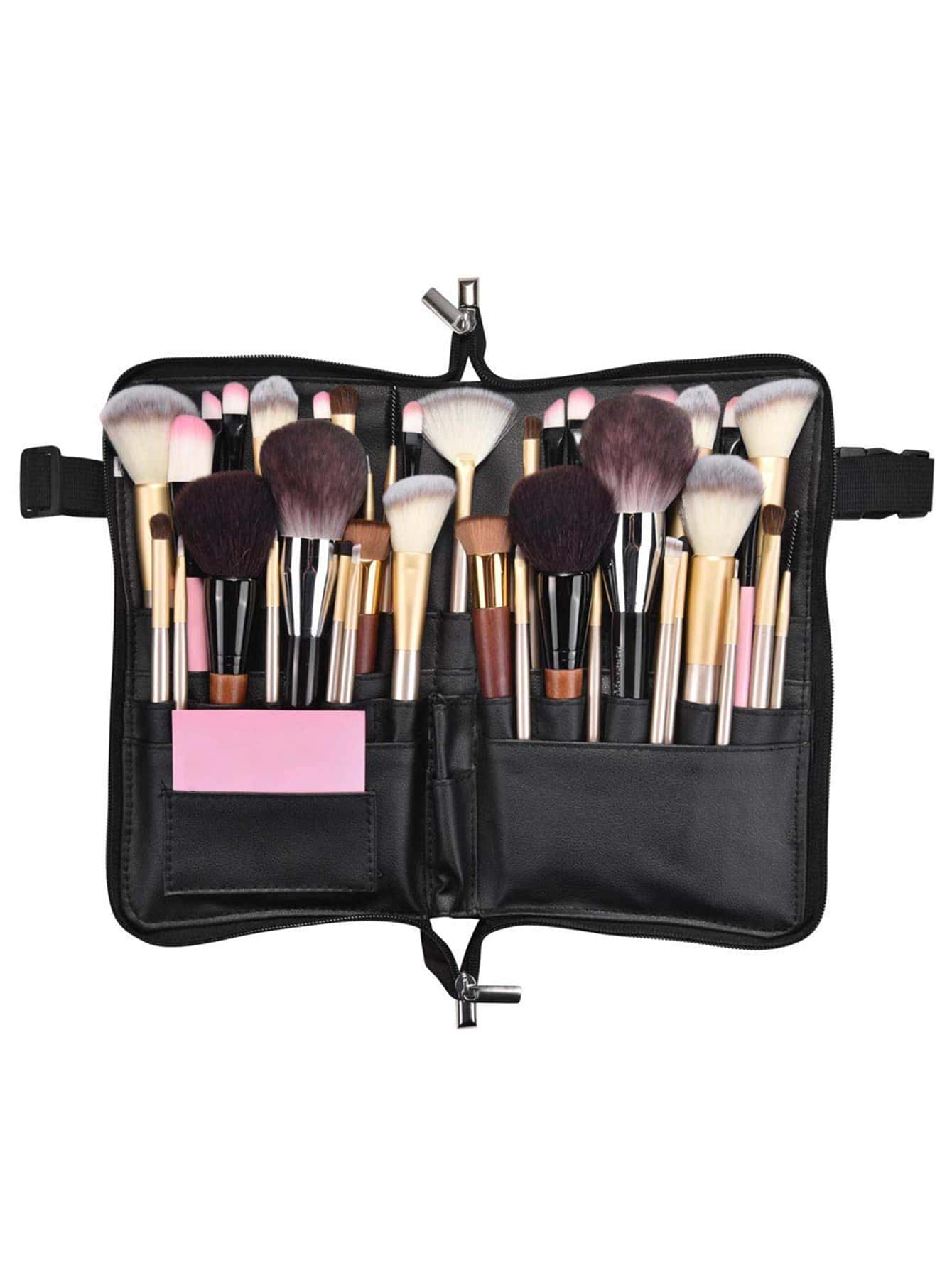 1化妝刷包帶多口袋,腰包可折疊和可調節圍裙包化妝刷包專業化妝藝術(不附帶畫筆) - 黑色 - 查看 1