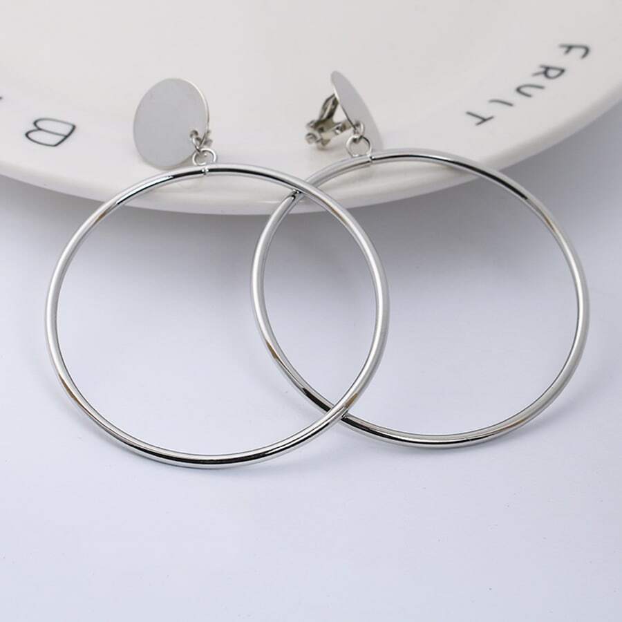 5301-silver Fashionable Minimalist Circle Pendant Clip-on Earrings - Silver - View 1
