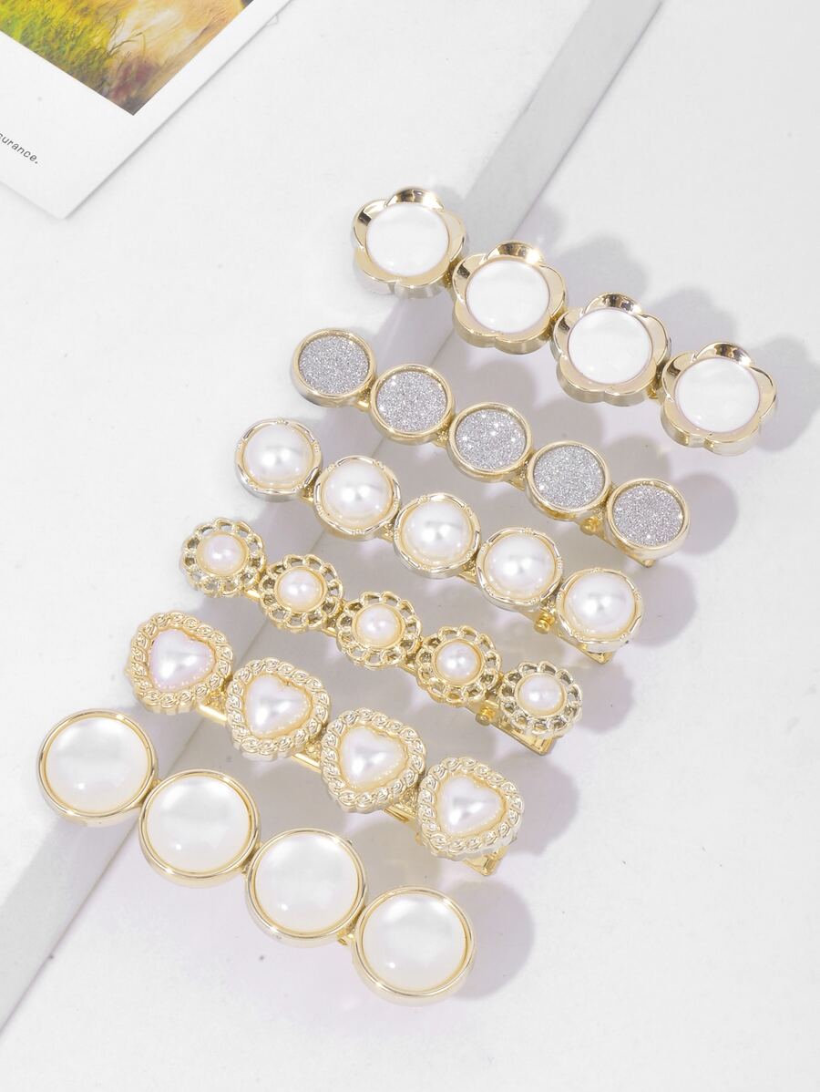 6 件裝女士多色髮夾,帶有貝殼、花朵、樹脂和珍珠裝飾,高端原創設計,適合日常使用 - 彩色 - 查看 1