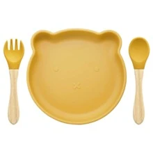 Food Grade Silicone Cartoon Bear Baby Feeding Plate Spoon Fork Set - Yellow - View 1