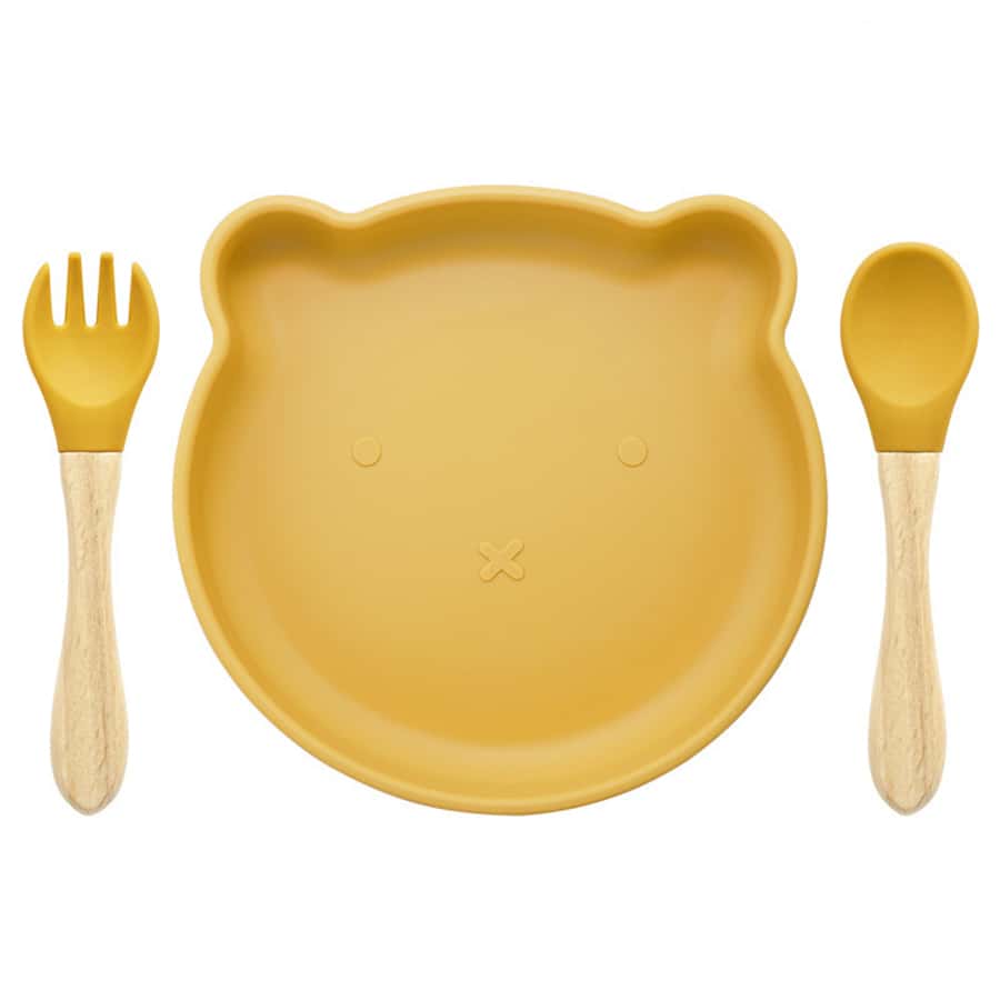 Food Grade Silicone Cartoon Bear Baby Feeding Plate Spoon Fork Set - Yellow - View 1