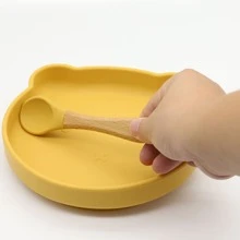 Food Grade Silicone Cartoon Bear Baby Feeding Plate Spoon Fork Set - Yellow - View 3