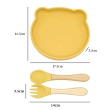 Food Grade Silicone Cartoon Bear Baby Feeding Plate Spoon Fork Set - Yellow - View 2