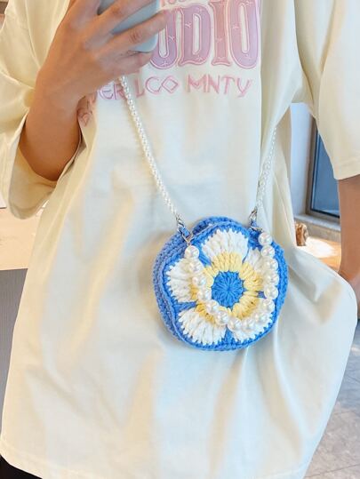 1 Pezzo Borsa Tessuta Con Design Di Fiori Colorati E Tracolla A Catena Con Perline, Può Essere Utilizzata Come Borsa A Mano, Borsa A Spalla O Borsa A Tracolla, Borsa Da Donna Alla Moda E Versatile