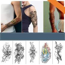 防水臨時紋身貼紙線條幾何圖形狐狸熊貓狼紋身鹿花身體藝術手臂假袖紋身女性男性 - 金色 - 查看 2