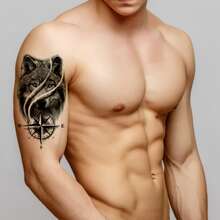 防水臨時紋身貼紙線條幾何圖形狐狸熊貓狼紋身鹿花身體藝術手臂假袖紋身女性男性 - 金色 - 查看 3