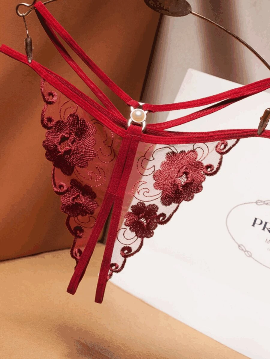 豪華花卉刺繡空心透明網眼開襠G弦褲，性感低腰女性內衣 - 酒紅色 - 查看 1