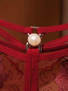 豪華花卉刺繡空心透明網眼開襠G弦褲，性感低腰女性內衣 - 酒紅色 - 查看 3