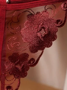 豪華花卉刺繡空心透明網眼開襠G弦褲，性感低腰女性內衣 - 酒紅色 - 查看 4