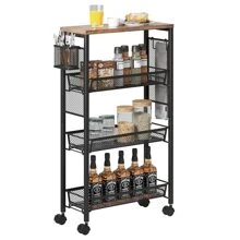 4-Tier Slim Rolling Cart, Kitchen Cart With Wheels, Storage Cart With Wooden Tabletop And Mesh Baskets, Mobile Utility Cart For Narrow Space For Kitchen, Bathroom, Laundry Room,White - 黑色 - 查看 1