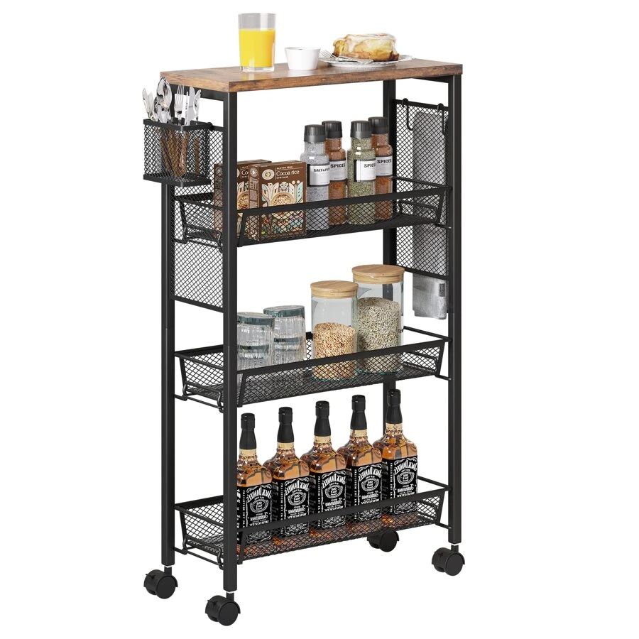 4-Tier Slim Rolling Cart, Kitchen Cart With Wheels, Storage Cart With Wooden Tabletop And Mesh Baskets, Mobile Utility Cart For Narrow Space For Kitchen, Bathroom, Laundry Room,White - 黑色 - 查看 1