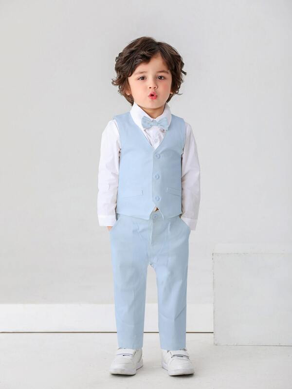 3pcs Baby Boys Gentleman Outfit Set: Long Sleeve White Shirt With Bowknot, Vest And Pants, Fashionable And Handsome For Birthday Party, Wedding, Funeral