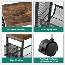 4-Tier Slim Rolling Cart, Kitchen Cart With Wheels, Storage Cart With Wooden Tabletop And Mesh Baskets, Mobile Utility Cart For Narrow Space For Kitchen, Bathroom, Laundry Room,White - 黑色 - 查看 7