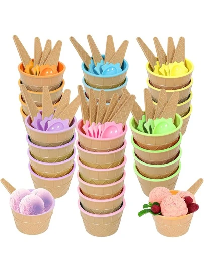 1套隨機顏色塑料冰淇淋甜點碗和匙子，派對裝飾冷凍酸奶碗，冰塊，派對，旅行，婚禮，生日，畢業，單身派對，廚房，廚房用品，儲物，裝飾，戶外使用