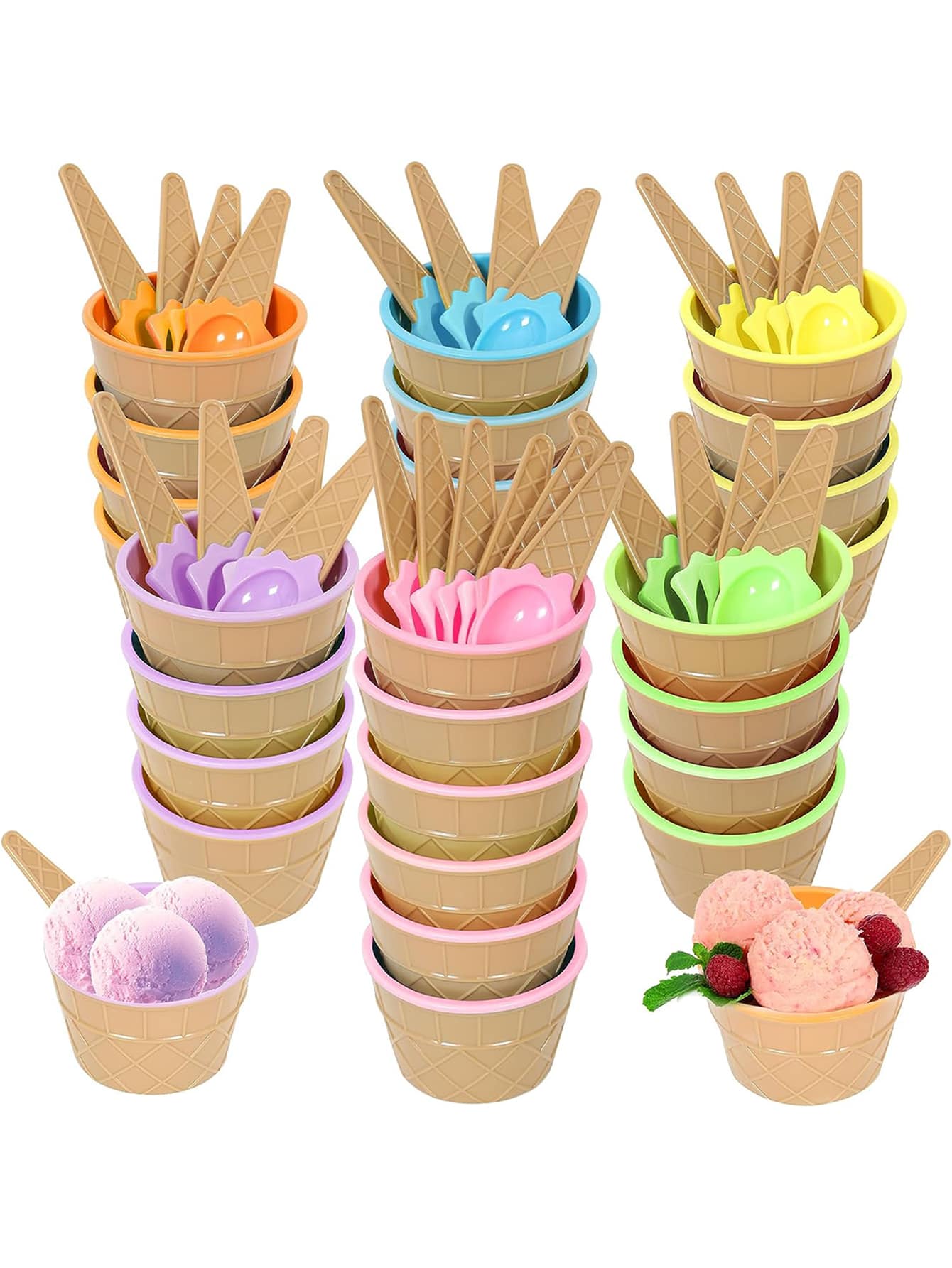 1套隨機顏色塑料冰淇淋甜點碗和匙子，派對裝飾冷凍酸奶碗，冰塊，派對，旅行，婚禮，生日，畢業，單身派對，廚房，廚房用品，儲物，裝飾，戶外使用