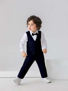 3pcs Baby Boys Gentleman Outfit Set: Long Sleeve White Shirt With Bow Tie, Vest And Pants, Fashionabantic For Birthday Party, Wedding, 1st Month/Year Celebration - Navy Blue - View 2