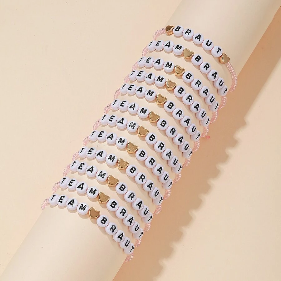 12入組伴娘吊飾手鍊套組,採用亞克力字母、綠松石和人造水晶石,可調節的派對編織手鍊