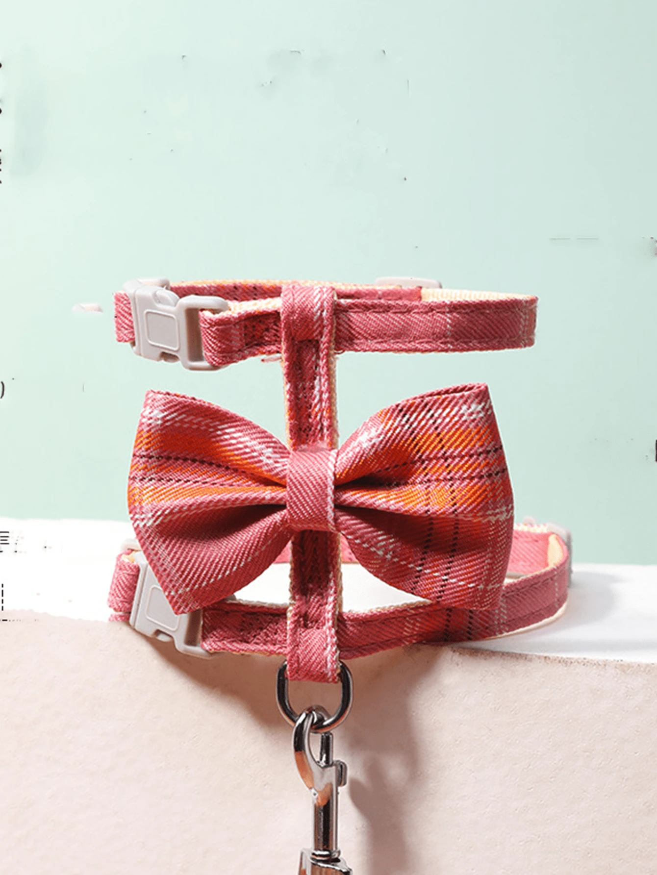 1pc Polyester Butterfly Chest & Back Type Grid Dog & Cat Harness, Outdoor Walking - Hot Pink - View 1