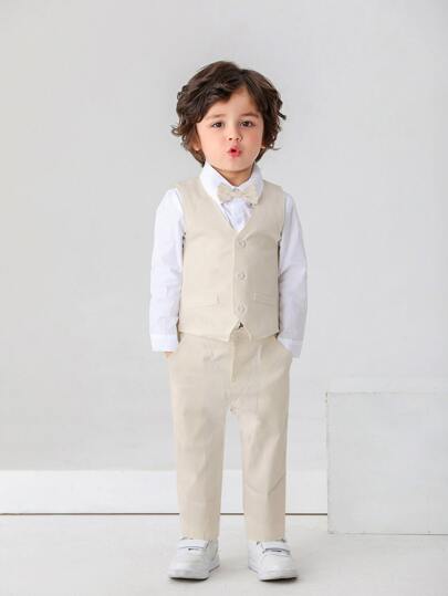 3pcs Baby Boys Gentleman Outfit Set: Long Sleeve White Shirt With Bow Tie, Vest And Pants, Fashionabantic For Birthday Party, Wedding, 1st Month/Year Celebration