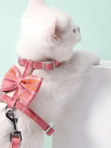 1pc Polyester Butterfly Chest & Back Type Grid Dog & Cat Harness, Outdoor Walking - Hot Pink - View 2