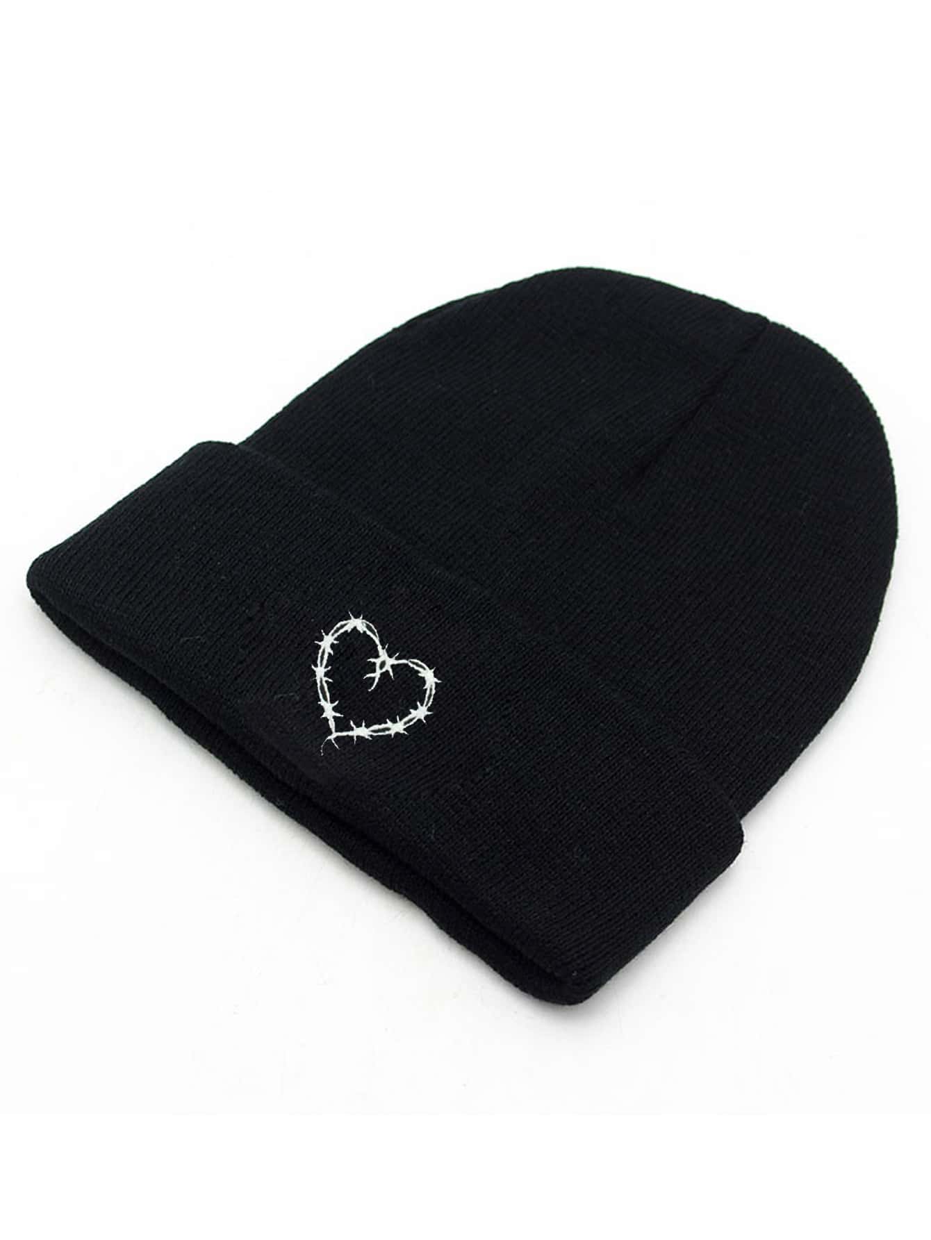 ADERERROR 黒ニット帽 ワンサイズ ハート刺繍 ウィンターニット帽 ハート 刺繍 ユニセックス ビーニー帽 1個入り