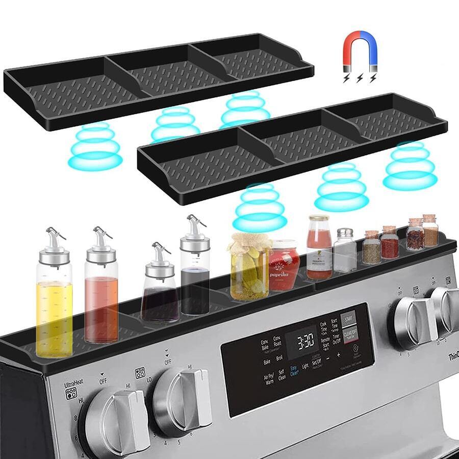 1pc Silicone Stove Top Shelf, 15-Inch Magnetic Spice Rack For Stove Top, Kitchen Storage Shelf For Stove Top With Magnetic Strip, Flat Back Stove Top Shelf With Adhesive Backing - Black - View 1
