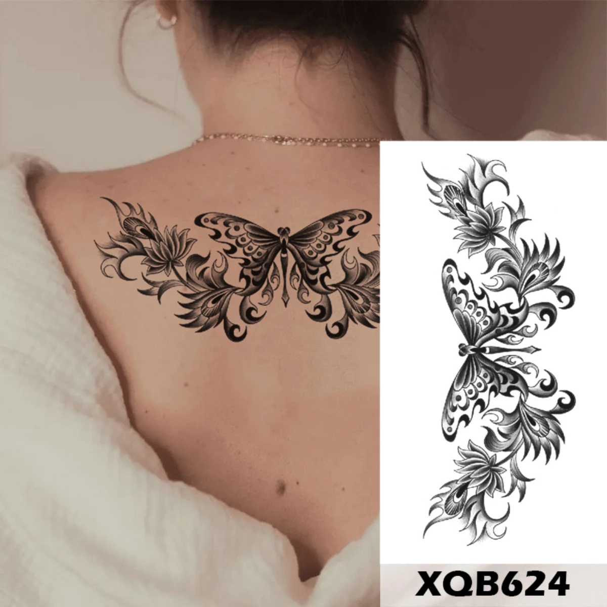 防水暫時性刺青貼紙,捕夢器花卉愛心閃光刺青,蝴蝶蓮花身體藝術手臂假袖紋身貼紙女性專用 - 藍色 - 查看 1