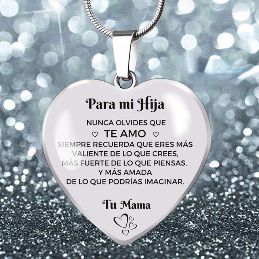 A Heart-Shaped Pendant Necklace In Spanish That Reads "To My Daughter" And "To My Son," Perfect As A Birthday Gift, Graduation Gift, Or Jewelry For Women. - Silver - View 1