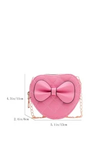 小型兒童單色愛心設計馬鞍掛袋,蝴蝶結裝飾,女孩用的鏈條斜挎硬幣包