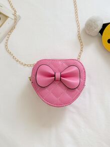 小型兒童單色愛心設計馬鞍掛袋,蝴蝶結裝飾,女孩用的鏈條斜挎硬幣包