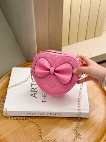 小型兒童單色愛心設計馬鞍掛袋,蝴蝶結裝飾,女孩用的鏈條斜挎硬幣包