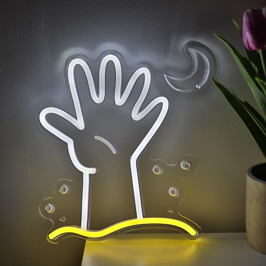 1個五指張開的手工LED霓虹燈招牌，適用於夜間派對裝飾、冠軍手勢、手語舉手、情人節、握手與傑尼斯女神祭、婦女節 - 彩色 - 查看 1