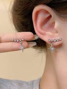 1pair Fashionable And Personalized Full Rhinestone Design Star Shaped Stud Earrings - Antique Silver - View 2
