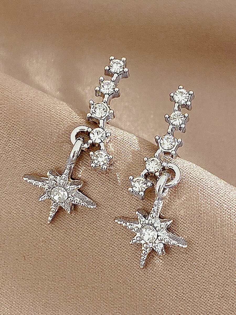 1pair Fashionable And Personalized Full Rhinestone Design Star Shaped Stud Earrings - Antique Silver - View 1