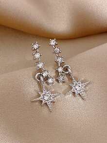 1pair Fashionable And Personalized Full Rhinestone Design Star Shaped Stud Earrings - Antique Silver - View 4