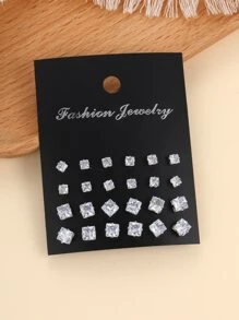 17KM 24入組時尚簡約方形鋯石耳針套裝,適合派對、約會和日常穿戴 - 銀色 - 查看 4