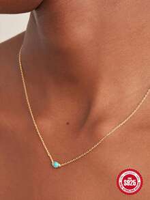 1片925純銀單綠松石色鎖骨項鍊適合女士奢華18K鍍金精細的女性項鍊首飾類