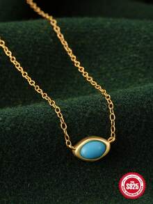 1片925純銀單綠松石色鎖骨項鍊適合女士奢華18K鍍金精細的女性項鍊首飾類
