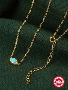 1片925純銀單綠松石色鎖骨項鍊適合女士奢華18K鍍金精細的女性項鍊首飾類
