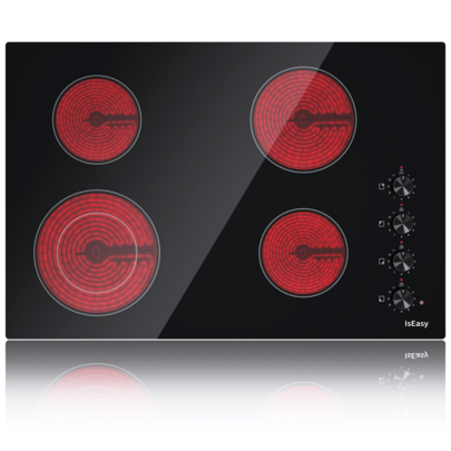 TAB Electric Cooktop 30 Inch Ceramic Stove 4 Burners Built-In Stove Top Electric Hot Plate Satin Glass Cooktop In Black, Control By Knob/Timer/Child Safety Lock/9 Power Levelsr/220-240V 6700W