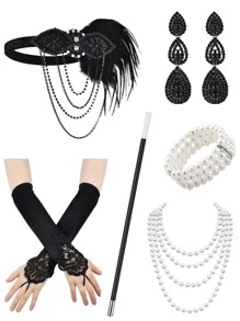 8入組1920年代盖茨比風格配件套裝,包括羽毛頭帶、手套、長珍珠頸鍊、香煙夾和滴垂耳環,適用於派對、舞會、秀場、復古奧黛麗赫本服裝