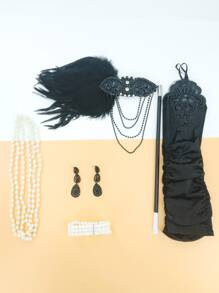 8入組1920年代盖茨比風格配件套裝,包括羽毛頭帶、手套、長珍珠頸鍊、香煙夾和滴垂耳環,適用於派對、舞會、秀場、復古奧黛麗赫本服裝