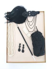 8入組1920年代盖茨比風格配件套裝,包括羽毛頭帶、手套、長珍珠頸鍊、香煙夾和滴垂耳環,適用於派對、舞會、秀場、復古奧黛麗赫本服裝