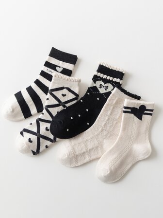 5對/套女孩秋天冬天蕾絲心中筒襪(1-2)(2-3)(3-8)(8-12)歲